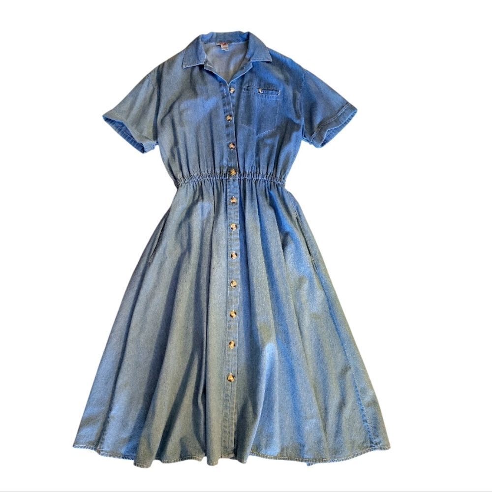 VTG 90s Blue Denim Button Front Short Sleeve Jean Midi Dress SZ Medium - Picture 6 of 13